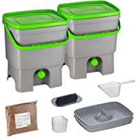 Skaza Bokashi Organko Set (2 x 16 L) Compostador 2X de Jardín y Cocina de Plástico Reciclado | Starter Set con EM…